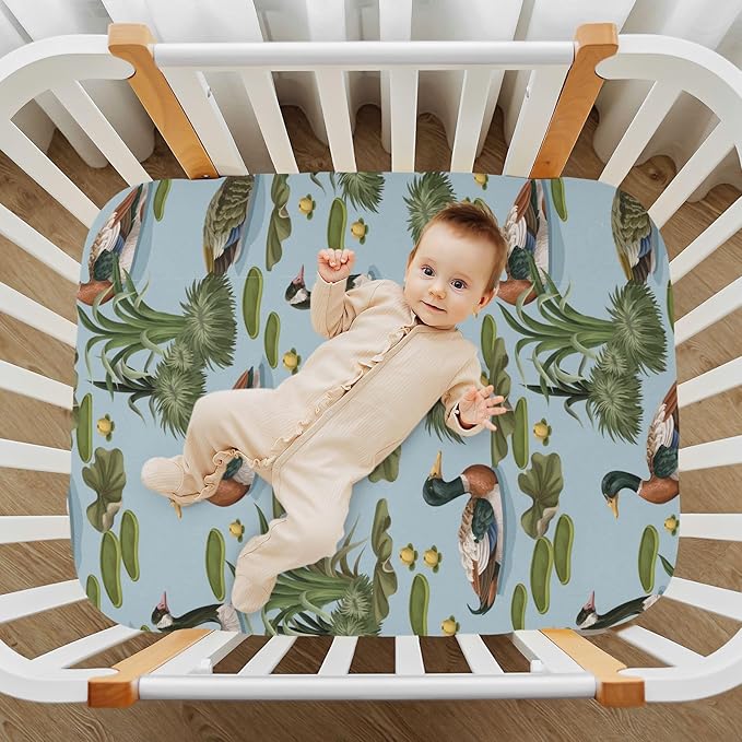 Fitted Crib Sheets for Baby Boys or Girls Soft Breathable Baby Play Yard Sheet for Standard Size Crib Mattress 39x27in Ducks and Water Lilies in The Pond