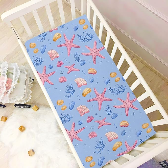 Baby Crib Sheets Fitted Crib Sheet Standard Crib and Toddler Mattress for Boys Girls 39 * 27in Pink Starfish Shell Pattern (Pink Starfish Shell Pattern, Medium)