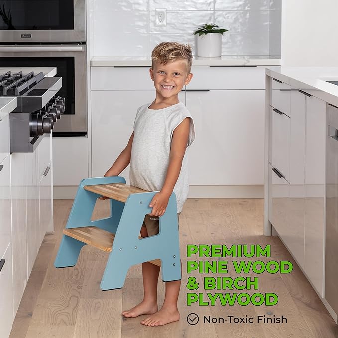 OCODILE 2-Step Wooden Step Stool for Toddlers | Kids Stool for Bathroom Sink & Kitchen Use | Non-Slip Step | Wooden Stool for Children Ages 2+ Years Blue
