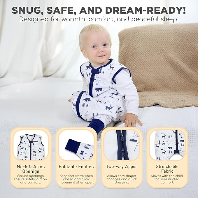 Toddler Sleep Sack with Feet, 0.5 TOG Organic Cotton Baby Sleeping Bag with Legs, Baby Wearable Blankets for Walkers w/ 2-Way Zipper, Baby Sleep Sack for Girls & Boys, Early Walker 18-36 Month