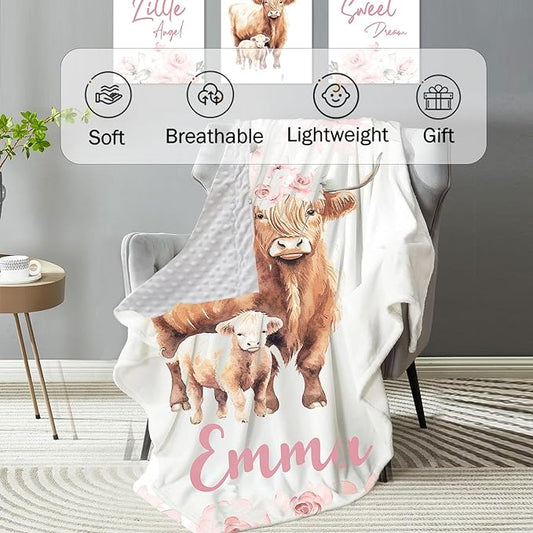 Personalized Baby Crib Bedding Set: 4 Piece Custom Gift Crib Bed Set with Name - Pink Highland Cow Design, Nursery Bedding Set for Baby Girls,Newborn Girls Crib Sets, Crib Bedding Shower Gifts