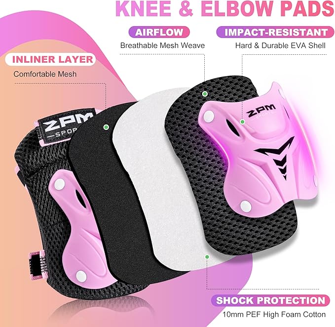 2PM SPORTS Knee Pads for Kids, Wrist Guards Knee and Elbow Pads Set with Drawstring Bag, Protective Gear Set for Girls Boys Roller Skating Cycling Skateboard