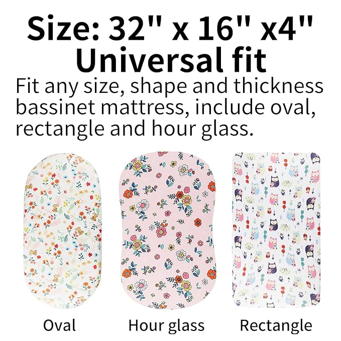 Onacosht Bassinet Sheets Set 3 Pack for Baby Girl, Stretchy Soft Jersey Knitted Fitted Sheet Universal for Oval Rectangle and Hourglass Bassinet Mattress, Flower, Rabbit and Owl Printing