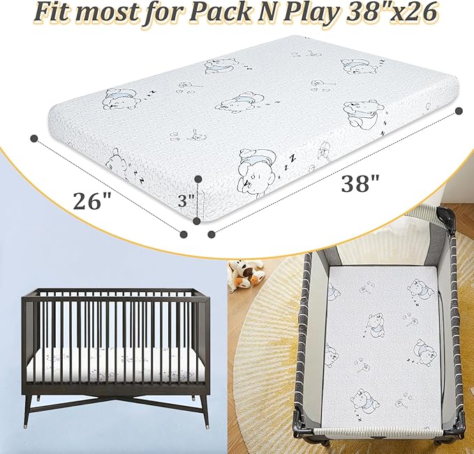 Pack and Play Mattress Pad, 38" x 26" Breathable Gel Memory Foam Pack N Play Mattresses with Ultra-Soft Jacquard Cover, Portable Dual-Sided Baby Mattress for Pack n Play, Machine Washable