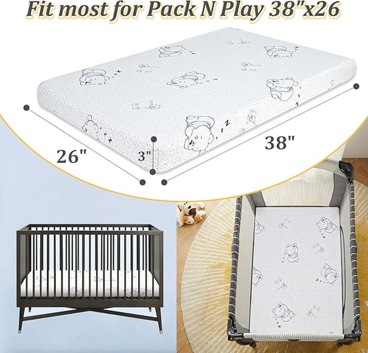 Pack and Play Mattress Pad, 38" x 26" Breathable Gel Memory Foam Pack N Play Mattresses with Ultra-Soft Jacquard Cover, Portable Dual-Sided Baby Mattress for Pack n Play, Machine Washable