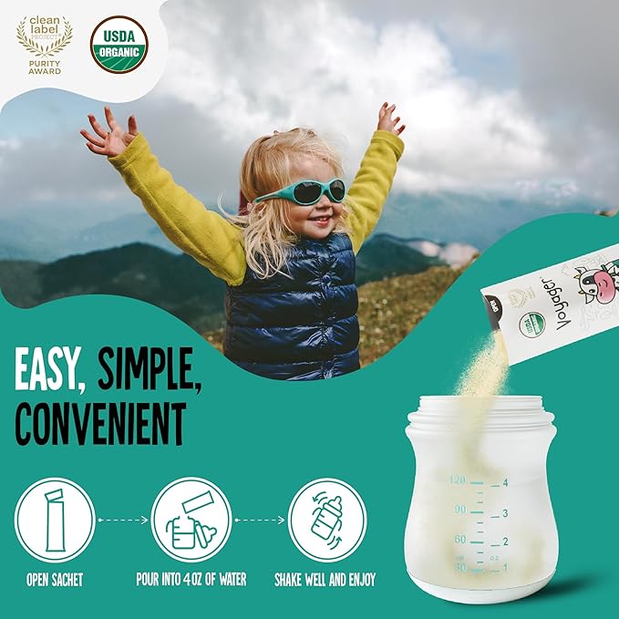 Voyager Toddler Milk On The Go, USDA Organic Shelf Stable Whole Milk Powder, Great for Travel, No Refrigeration, Gluten Free with No GMO's and No Antibiotics for Kids, 48 Sachets of 15g - 3 Pack