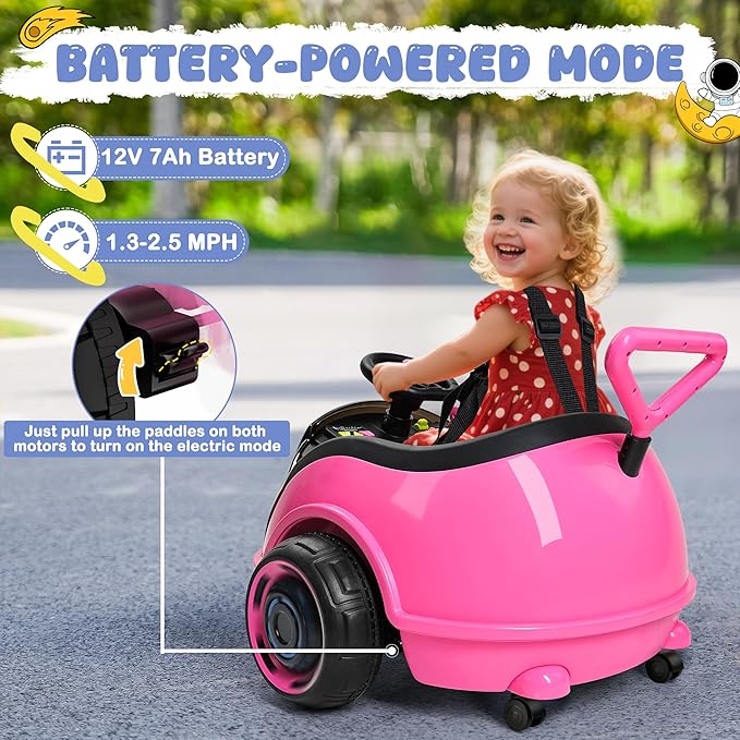 ANPABO 3-in-1 Electric Push Ride On Car, 12V Kids Ride On Toy w/Remote Control, 360° Spin, 5-Point Safety Belt, Colorful LED Light, Music Player, Push Car for Toddler Ages 1-3 (Pink)