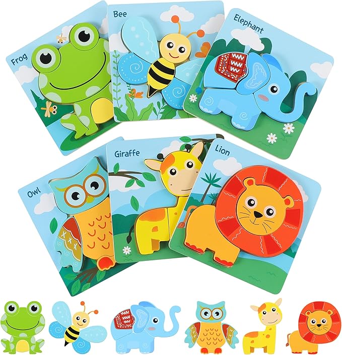 6 Pack Toddler Wooden Jigsaw Animals Cubic Puzzles for Kids Girls Boys Toddlers, Educational Preschool Montessori Toys Birthday Gifts for Colors & Shapes Cognition Skill Learning