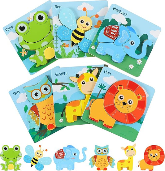 6 Pack Toddler Wooden Jigsaw Animals Cubic Puzzles for Kids Girls Boys Toddlers, Educational Preschool Montessori Toys Birthday Gifts for Colors & Shapes Cognition Skill Learning