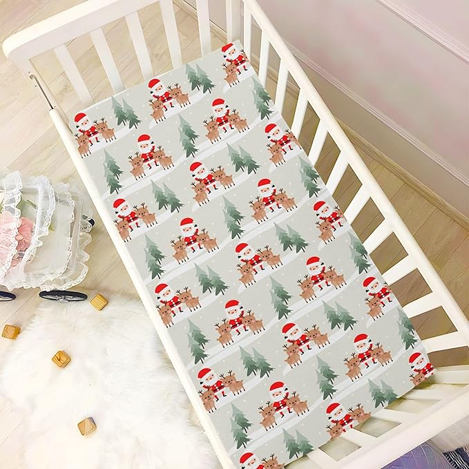 Christmas Santa Reindeer Crib Sheets Soft Breathable Fitted Baby Playard Sheets Mattress Cover for Girl Boys, 39" x 27" x 5"