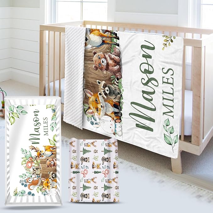 Custom Name Crib Bedding Set 3-Piece – Animal Stump Design Baby Bedding Set with Personalized Soft Blanket, Fitted Sheet, Changing Pad Cover – Ideal Newborn Gift for Boys and Girls
