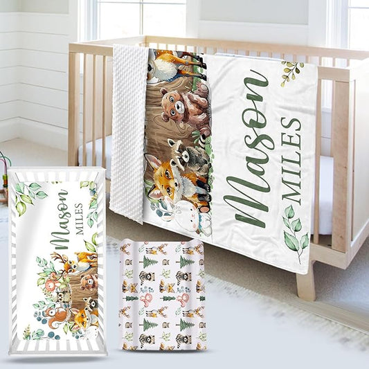 Custom Name Crib Bedding Set 3-Piece – Animal Stump Design Baby Bedding Set with Personalized Soft Blanket, Fitted Sheet, Changing Pad Cover – Ideal Newborn Gift for Boys and Girls