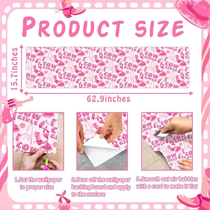 Pink Peel and Stick Wallpaper Cowgirl Contact Paper Staircase Sticker Western Theme Self Adhesive Wall Paper Hat Boots Vinyl Film Disco Cow Print Art Mural for Cabinets Bedroom Drawer 15.7"x62.9"
