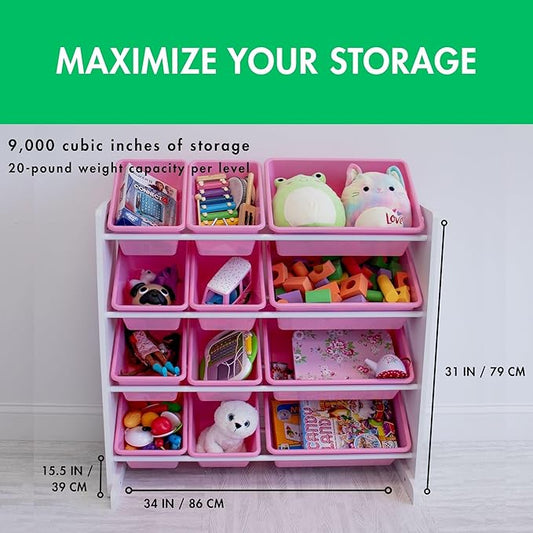 Humble Crew Kids Toy Storage Organizer with 12 Plastic Bins, White/Pink – Removable Bins for Playroom, Bedroom, Toddler Furniture for Boys and Girls Ages