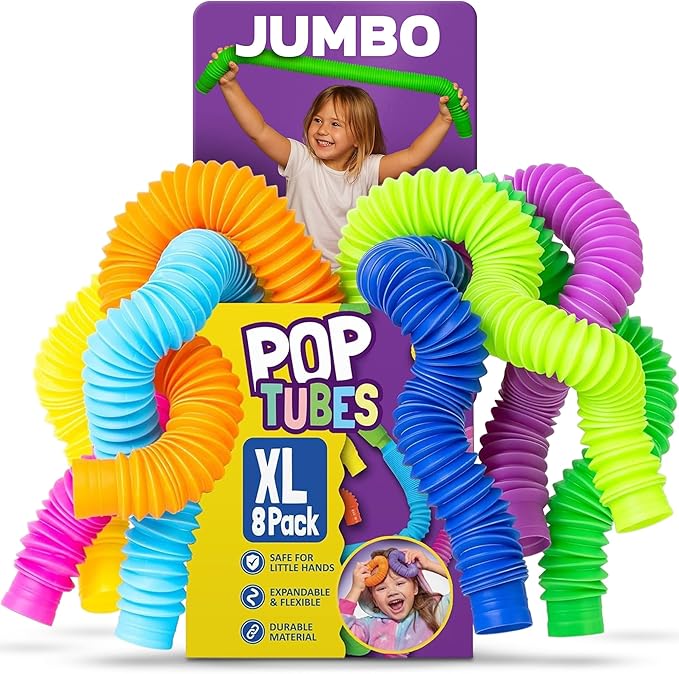 Nutty Toys Jumbo Pop Tubes - XL Sensory Toys for Kids 5+ - Endless Creativity & Fun |8 Pack| - Connect & Pop! Top ADHD Autism Fidget 2025, Best Boy & Girl Christmas Stocking Stuffers Gift Idea