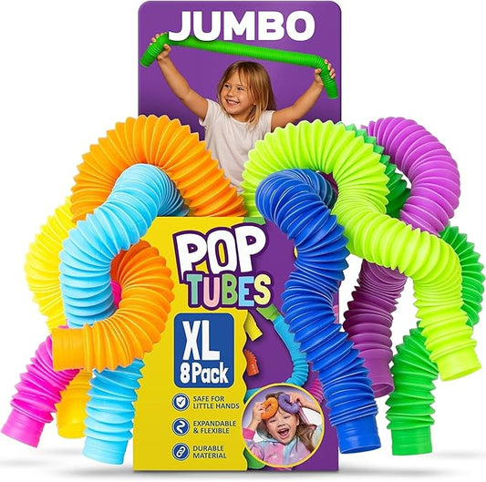 Nutty Toys Jumbo Pop Tubes - XL Sensory Toys for Kids 5+ - Endless Creativity & Fun |8 Pack| - Connect & Pop! Top ADHD Autism Fidget 2025, Best Boy & Girl Christmas Stocking Stuffers Gift Idea