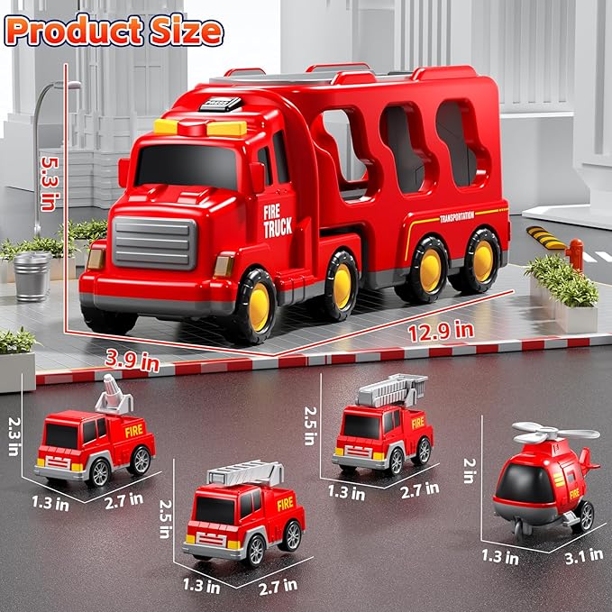 Fire Truck Toys for Toddler 1-3 3-5, 5-in-1 Fire Car Carrier Vehicle Set for Girls 1 2 3 4 5 6 Years Old, Transport Car with Light Sound, Birthdays Gifts for Kids Girls Aged 3-9