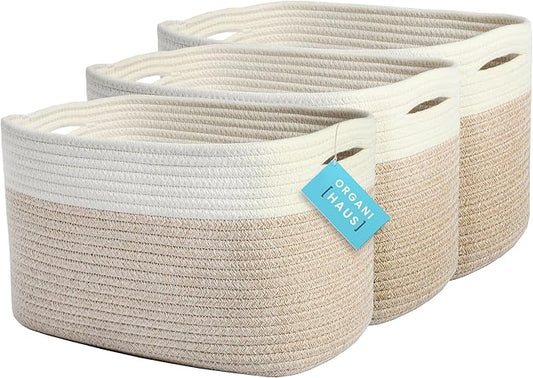 OrganiHaus Set of 3 Woven Storage Baskets for Shelves, Decorative Organizer Bins for Closet & Bathroom, Multipurpose Home Organization Baskets, Toy Storage Basket - Honey/Off-White, 15x9x10 inches