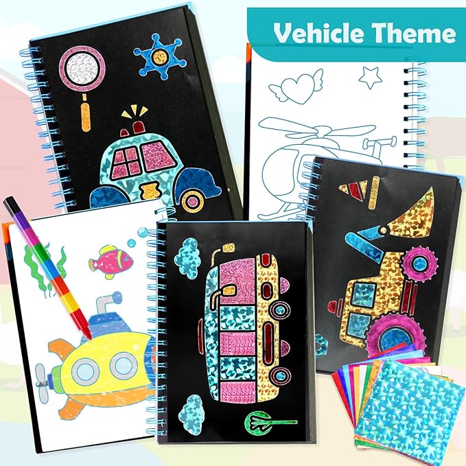 FUNNYB&G Foil Art Craft for Kids - Christmas Crafts Gift Party Favors Stocking Stuffers for Kids Fun Art Supplies Creative Birthday Gift Travel Toys for Girls Boys 4 5 6 7 8 9 Years Old (Vehicle)