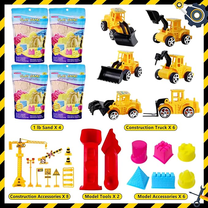 ESSENSON Construction Sensory Bin - Play Sand Kit with Toy Truck and 4lbs Magical Sand, Pretend Play Beach Sensory Toy Sandbox, Kids Gifts for Girls and Boys