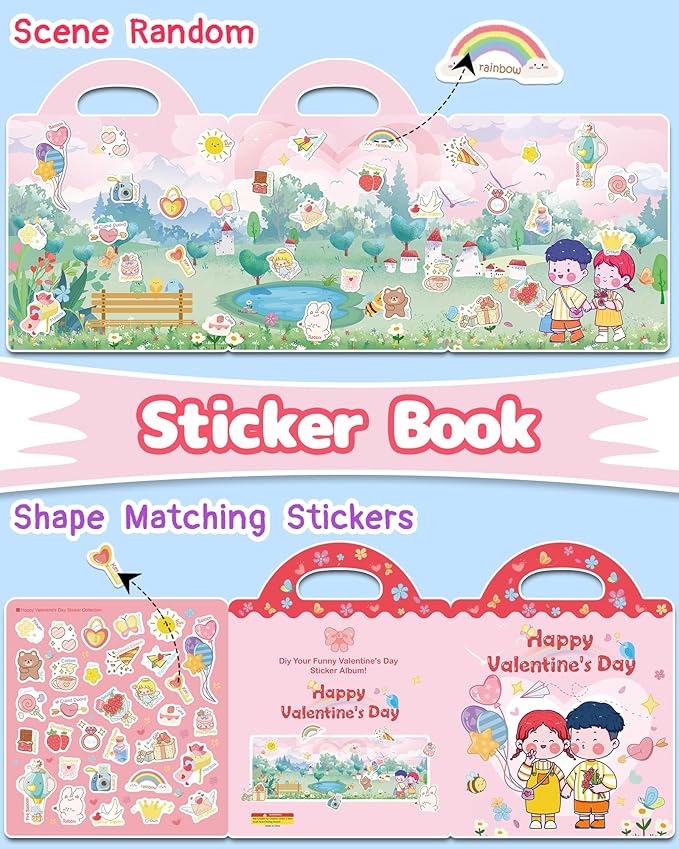 Benresive Reusable Sticker Books for Toddlers, Fun Travel Stickers for Kids, Toddler Sticker Book, Crafts Activities for Toddlers, 3 and Up Birthady Gifts - Valentines