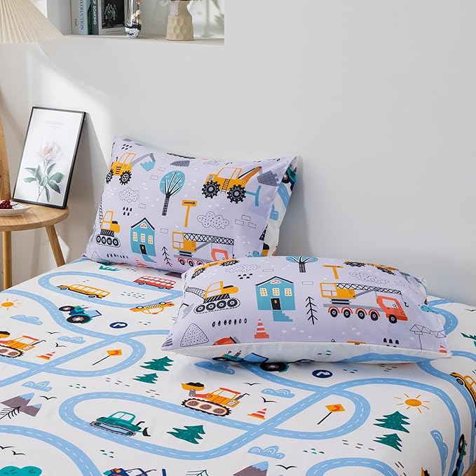 NTBED 5 Pieces Construction Cars Comforter Set Full for Boys Kids Bed in a Bag Vehicles Transportation Lightweight Microfiber Bedding Sets,Light Grey