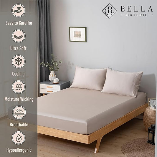 Bella Coterie Luxury Bamboo Viscose Cal King Size Fitted Sheet | 100% Organically Grown | Ultra Soft | Cooling for Hot Sleepers | 18" Deep Pocket [Dune]