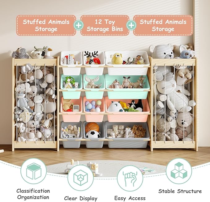 EXPERLAM Toy and Stuffed Animal Storage, 12-Bin Toy Shelf with Double-Sided Stuffed Animal Holder & Thicker Elastic Ropes, Space-Saving Solid Wood Toy Organizer for Playroom, Nursery, Bedroom, Multi