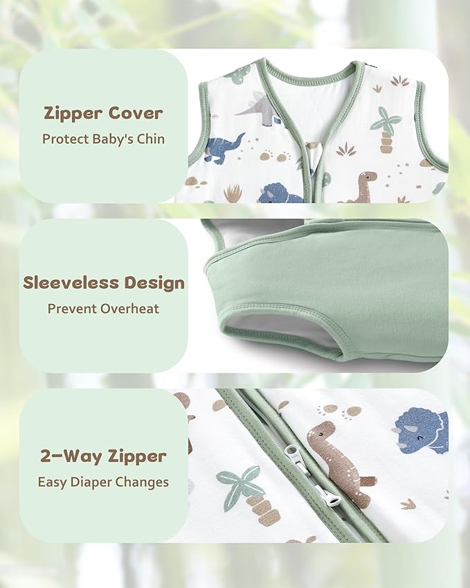 Rayon Made from Bamboo Baby Sleep Sack 0-6 Months, 1.0 Tog Baby Wearable Blanket, Soft Sleeping Bag for Newborn Infant Babies with 2-Way Zipper 2 Pack (Small) Green Dinosaur