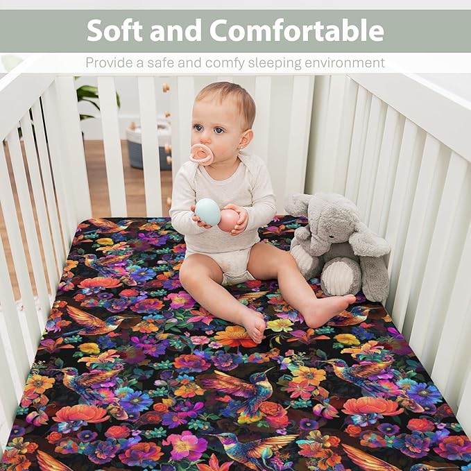 Garden Hummingbirds Blossom Baby Crib Sheets for Boy Girl 52x28Inch Tropical Birds Floral Soft Stretchy Fitted Crib Mattress Cover Colorful Spring Baby Sheet for Crib & Toddler Bed Mattresses