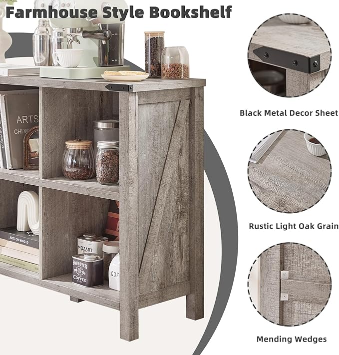 Joaxswe Farmhouse 6 Cube Bookshelf, Rustic Grey Oak Wooden Storage Organizer Book Shelf, 47 Inch Cubby Hallway Bookcase, Kids Toy Storage Cabinet, Modern Open Book Case for Living Room, Hallway