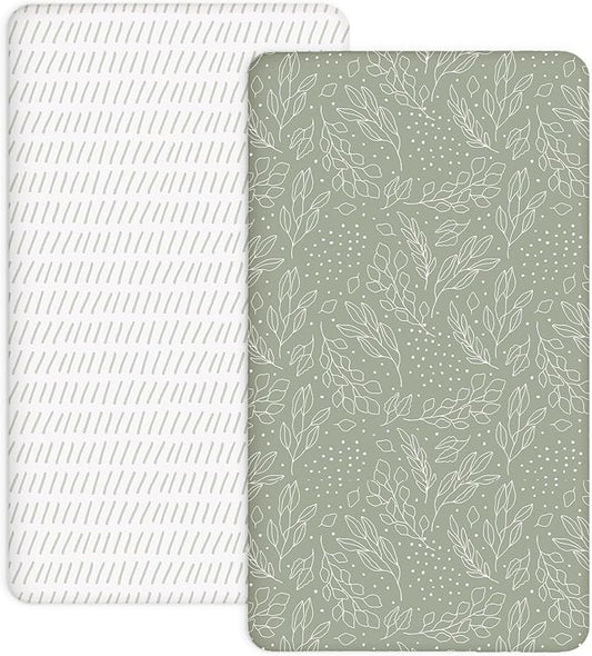 Pack and Play Sheets 2 Pack, Fitted Jersey Knit Mini Crib Sheets for Baby Boys and Girls, Compatible with Graco Pack N Play and Mini Crib Mattress (Sage Trail, Pack N Play/Mini Crib Sheets)
