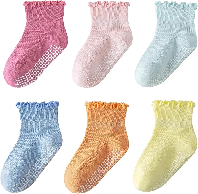 6 Pairs Toddler Ruffle Socks for Girls Baby Grip Socks Non Slip Socks Cute Grippy Frilly