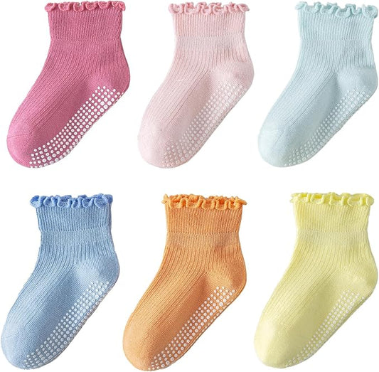 6 Pairs Toddler Ruffle Socks for Girls Baby Grip Socks Non Slip Socks Cute Grippy Frilly