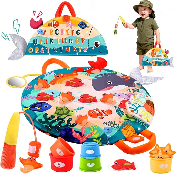 FREYBLI Montessori Toys for 1 Year Old Boy Girl Birthday Gifts - Toddler Fishing Game Toys with Stacking Cups, Mirror, Rattle - Educational Learning Sorting Toy for One Year Old Baby Boy Gifts