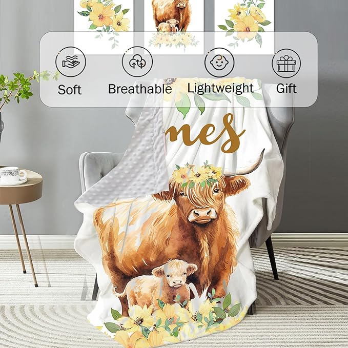 Personalized Baby Crib Bedding Set: 4 Piece Yellow Flower Custom Gift Crib Bed Set with Name - Highland Cow Theme, Nursery Bedding Set for Baby Girls,Newborn Girls Crib Sets, Crib Bedding Shower Gifts
