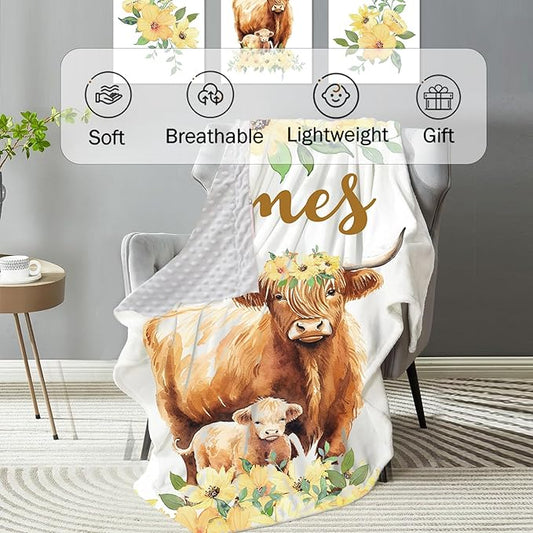 Personalized Baby Crib Bedding Set: 4 Piece Yellow Flower Custom Gift Crib Bed Set with Name - Highland Cow Theme, Nursery Bedding Set for Baby Girls,Newborn Girls Crib Sets, Crib Bedding Shower Gifts