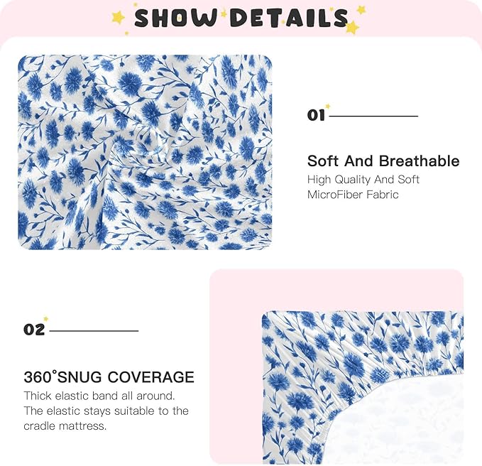 Ink Blue Cornflower Crib Sheets Standard Crib Toddler Mattresses Cover Fitted Baby Bed Sheet Breathable Crib Mattress Sheet for Girls Boys 52" x 28"x5''