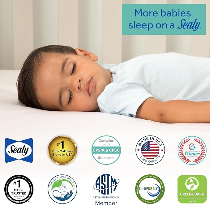 Sealy Baby Butterfly Knit Breathable Crib Mattress, GREENGUARD GOLD Certified, Made in USA, Premium Foam, Washable Easy to Clean Cover, Toddler Bed Fit, Safety & Quality Tested, 52x28"