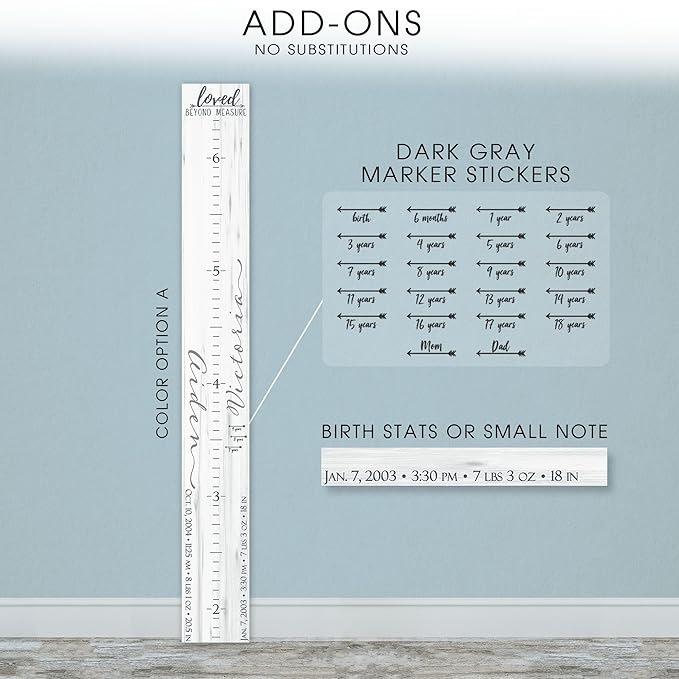 Wooden Kids Growth Height Chart Ruler for Boys and Girls Painted or Engraved (Two Names)