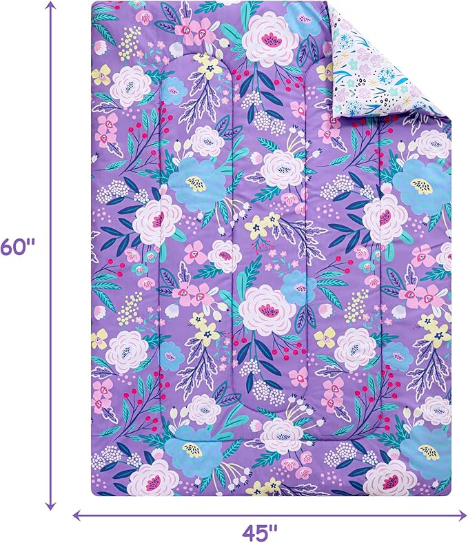 Mooreeke 4 Pieces Toddler Bedding Set - Purple Floral Toddler Comforter Sets for Girls, Includes Comforter, Flat Sheet, Fitted Sheet and Pillowcase, Bed in A Bag for Baby Bedroom
