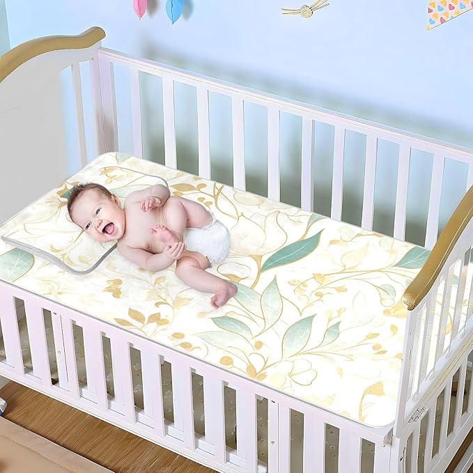 Cooling Baby Waterproof Crib Mattress Protector 28" x 52"Breathable Crib Padding for Sides for Baby&Toddler Green Gold Flowers