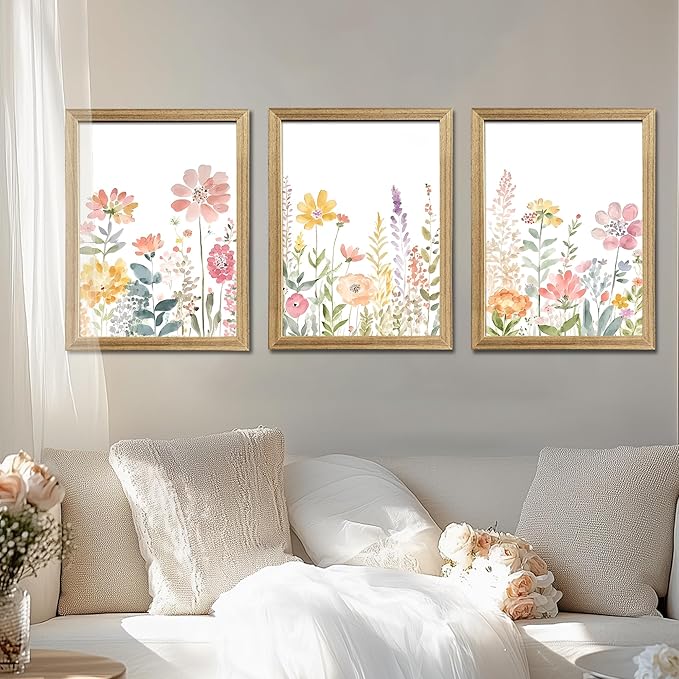 Colorful Flower Frame Wall Art Set Watercolor Flower Wall Art Multicolor Botanical Art Prints Wildflower Painting Printing Suitable for living room, bedroom, bathroom, 12x16 inch 3 piece set