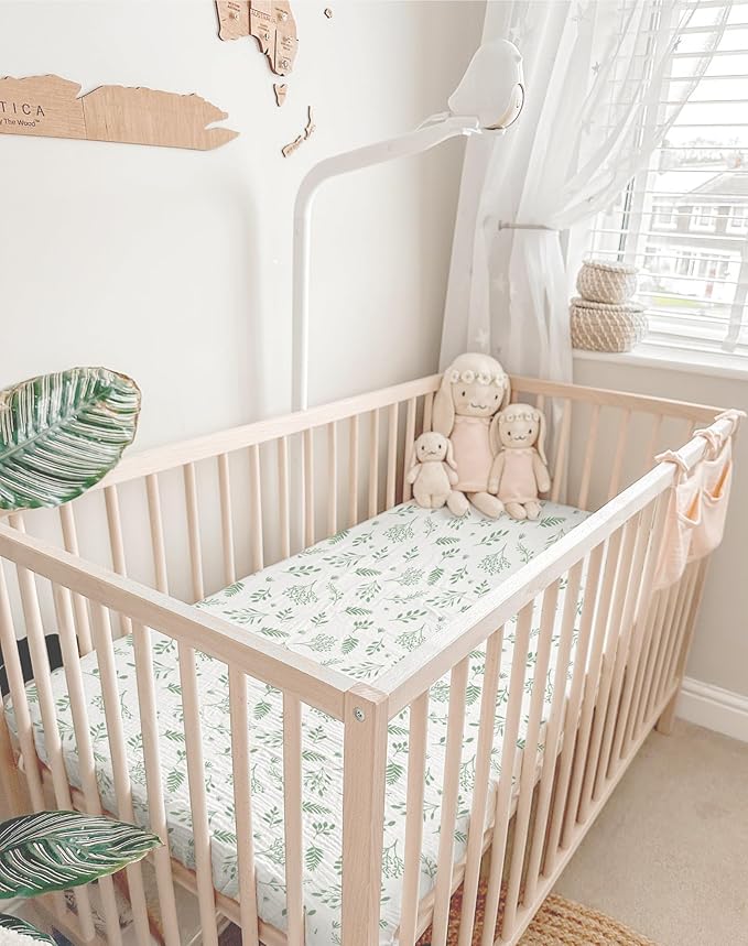 Pack and Play Sheets for Baby Boy and Girl 2 Pack, Neutral Muslin Cotton Pack N Play Mattresses Sheet 27"x39", Muslin Nursery Bedding Soft and Breathable Comfort (Fern Leaf & Sage)