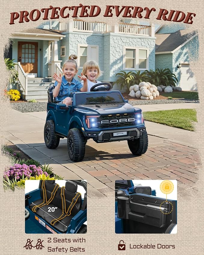 First Ride On Licensed Ford F-150 Raptor 2 Seater Ride on Car for Kids, 24 Volt Ride on Toys for Boys w/Remote Control, Kids Electric Car w/LED Lights, Bluetooth, Truck Bed Storage, Soft Start (Blue)