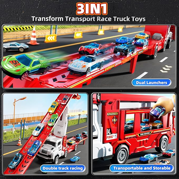Toddler Car Truck Toys for 3 4 5 6 7 8 Years Old Boys, Transporter Truck Toy Track Set with 12 Die-Cast Car Toys, Toy Gifts for 3 4 5 6 Year Old Boys Kids