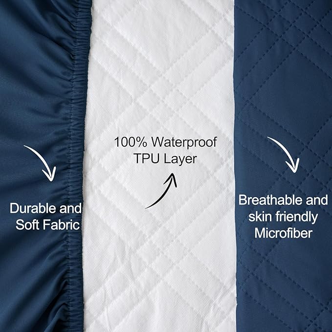 david's kids 2 Pack Waterproof Mini Crib Mattress Protector, Fit Pack N Play, Playard and Mini Crib Mattresses, Ultra Soft Breathable Pad Cover for Boys Girls Neutral, Grey & Navy Blue Checker