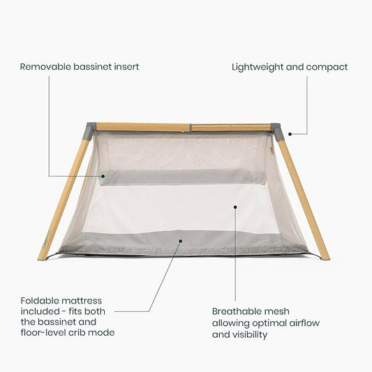 Tutti Bambini CoZee® Go 3-in-1 Bassinet, Baby Playpen & Travel Crib with Mattress Included - Lightweight, Breathable & Foldable Baby Play Pen from Birth to 3 Years (Oak & Charcoal)