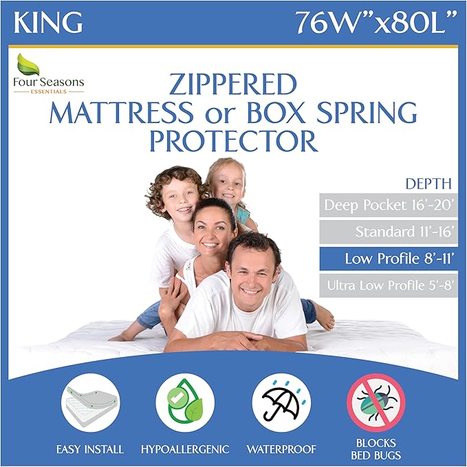 King Zippered Mattress Protector (8"-11" Depth) Waterproof Encasement Premium Quality Hypoallergenic Bed Cover Protects from Dust White