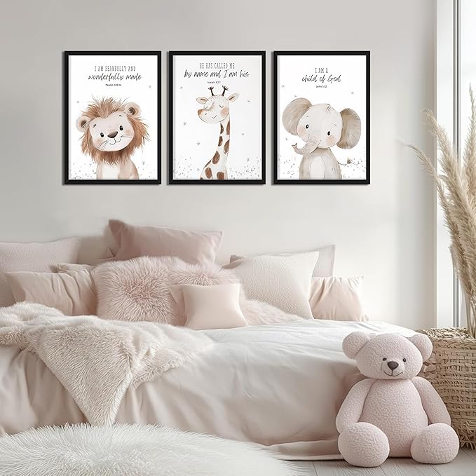 Nursery Wall Art, Kids Bible Verse Animal Canvas Wall Decor Paintings, Cute Safari Christian Pictures Posters Prints for Kids Boys and Girls Room Bedroom 16x24 Inch Wood Framed
